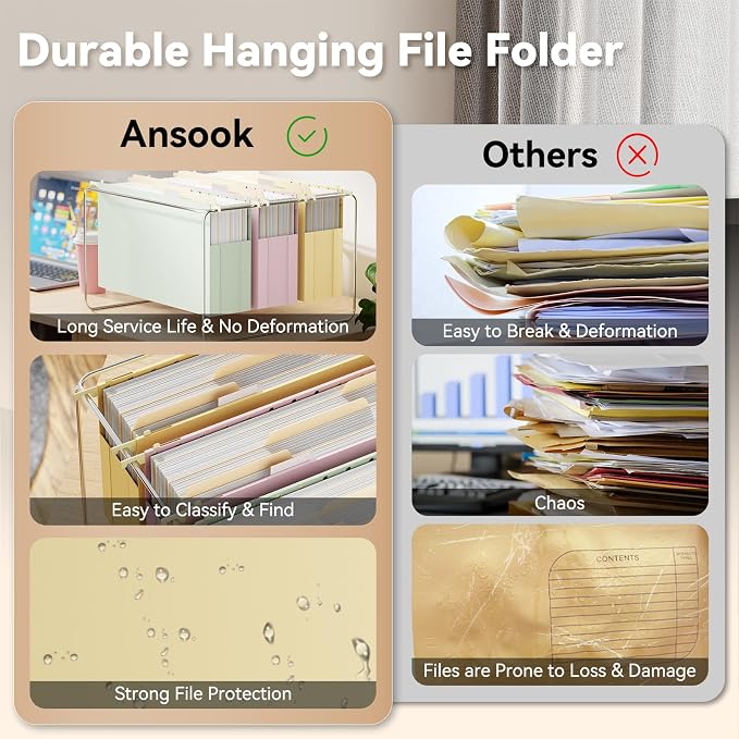 Ansook Legal Size Hanging File Folders,Heavy Duty 3 Inch File Folders Legal Szie, Plastic Hanging Folders for Filling Cabniet,6 Pack Hanging File Folder Organizers with 1/5-Cut Tabs - Assorted Colors