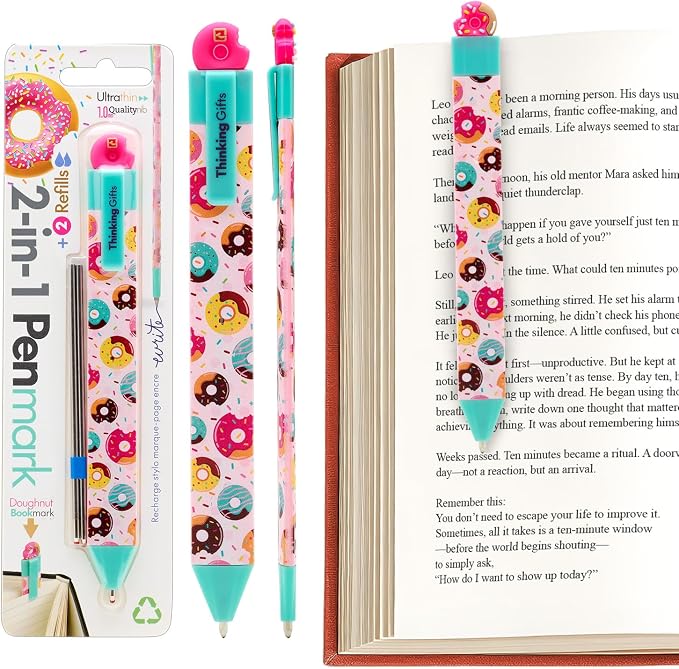 Gifts for Readers & Writers Pen Bookmark, Page Marker & Flat Writing Pen for Journal Notebook & Planner, Penmark Reading Accessory for Making Book Annotations, Donut