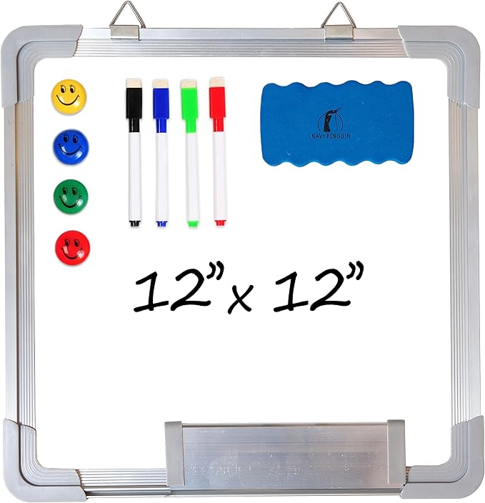 Whiteboard Set - 12 x 12 in Dry Erase Board with 1 Magnetic Dry Eraser, 4 Dry Wipe Markers and 4 Magnets - Small White Board Wall Hanging Marker Board for Home and Office (12x12)