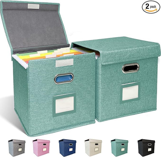 2 Pack Hanging File Folder Box with Lid, Durable Letter Size Filing Storage Box, Sturdy File Holder with Cardboard Support PVC Rails for Office Home Organizer, Green