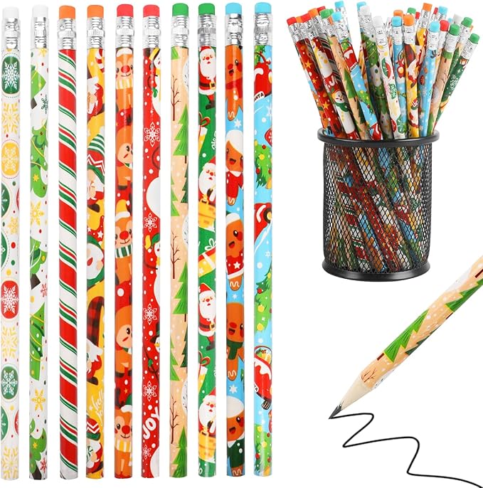DIYASY Christmas Pencils for Kids Bulk, 50 Pcs Holiday Pencil with Erasers Xmas Wood Pencils Party Favor Supplies Classroom Rewards Prizes Stationery Decorations 10 Styles