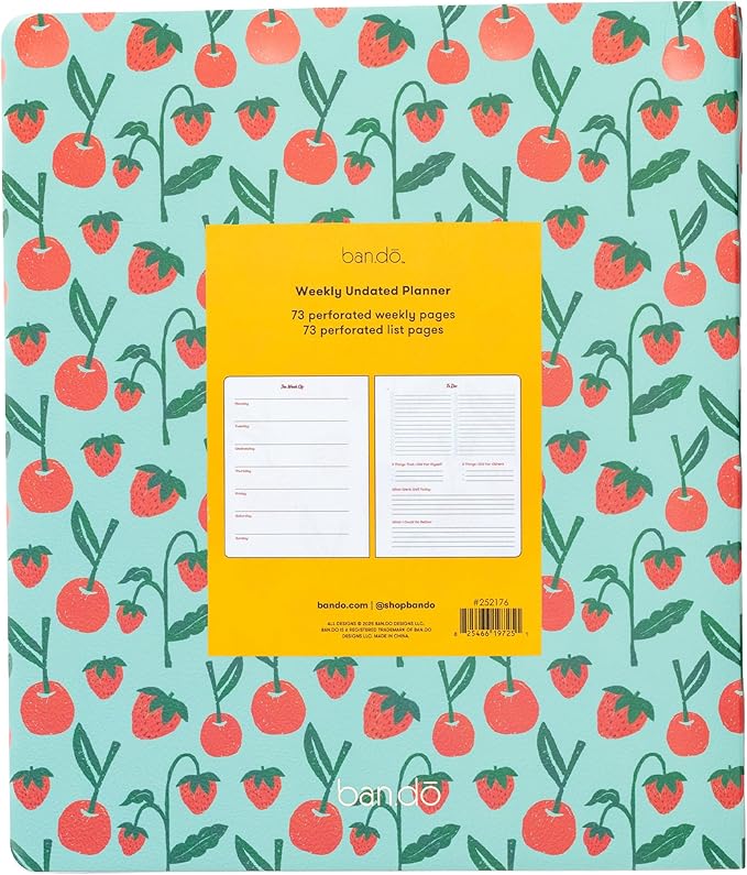ban.do Undated Weekly Planner, Concealed Spiral Notebook with Stickers, To-Do Lists, Guided Wellness Journal, Daily Organizer for School or Office (Cherries and Strawberries Teal)