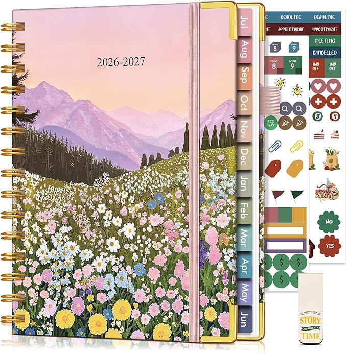 Academic Planner 2026-2027, Hardcover Weekly and Monthly Calendar Planner from July 2026 - June 2027, 6.1" x 8.2" A5 Daily Agenda with Tabs, College School Organizer for Student Teacher, Wildflower Mountainside