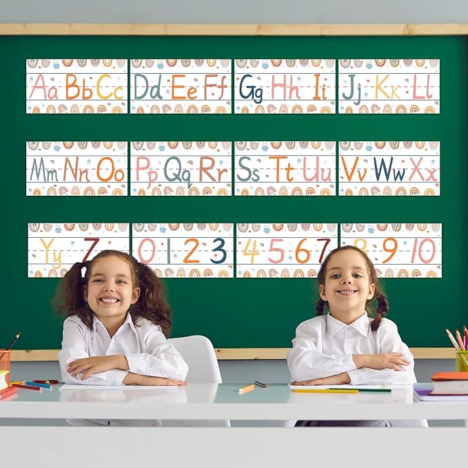 gisgfim 12 Pieces Alphabet Bulletin Board Strips Set Boho Rainbow Alphabet Line ABC Alphabet Banner & Number Border Posters for Preschool Kindergarten Classroom Playroom Bedroom (Boho)
