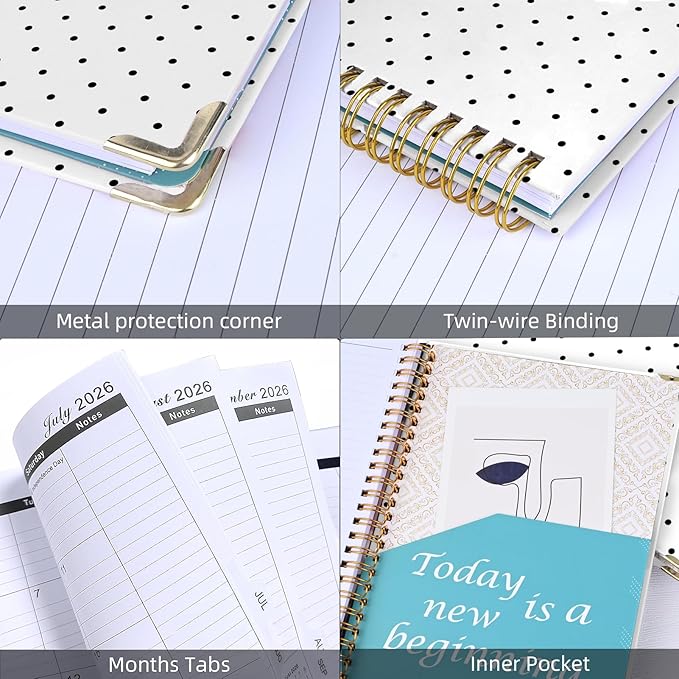 2026 Monthly Planner, Jan.2026 - Dec.2026 Weekly Planner 6.25"x8.5" with Page Tabs, Calendar Hardcover with Inner Pocket, Elastic Band, Twin-Wire Binding, Bookmark, Black White Polka Dots