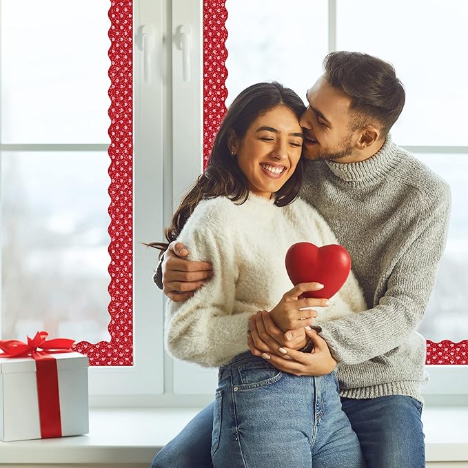 Whaline 69Ft Valentine's Day Glitter Bulletin Board Borders 5 Designs Shine Red Pink Heart Stripe Dot Decoration Trim Bulletin Board Stickers for Romantic School Classroom Office Party Decoration