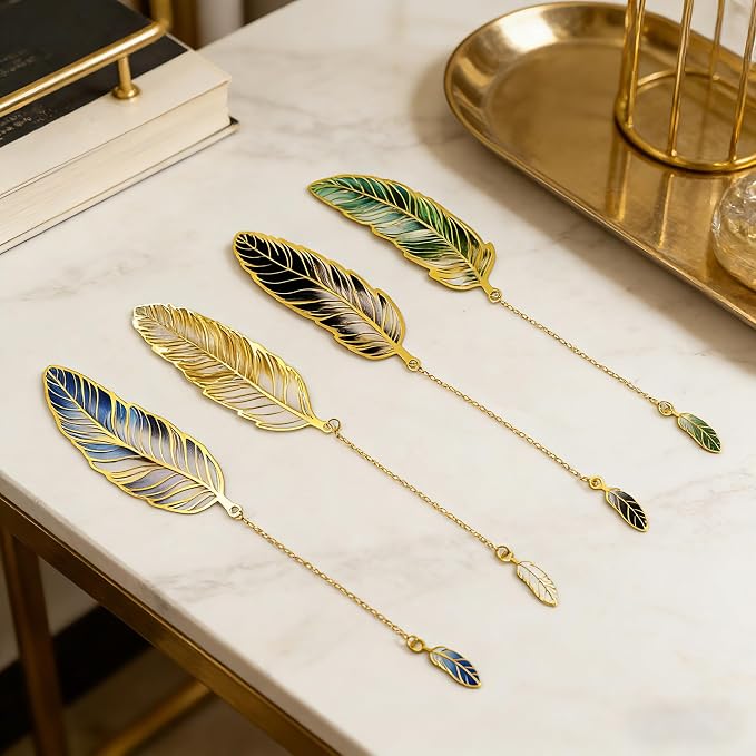 4Pcs Fantasy Feather Bookmarks for Books, Metal Bookmark with Chain, Unique Reading Accessories for Women Book Lovers, Teachers, Students