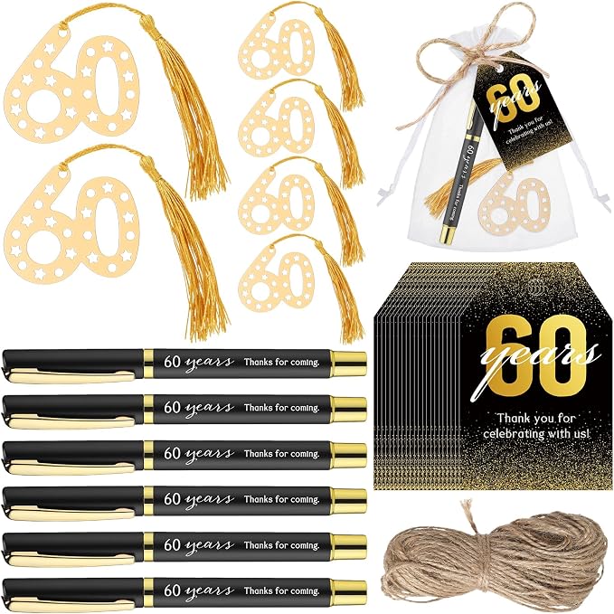 Spakon 25 Set 60th Birthday Party Favor for Guest Anniversary Party Favor Golden Birthday Bookmark Thanks Coming Pen with Tag Appreciation Gifts for Women Men Wedding Anniversary