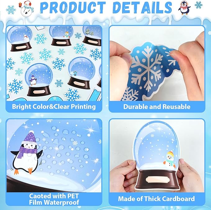 94pcs Winter Bulletin Board Decorations Set Let It Snow Snowmen Paper Cutouts for Posting Photo Globe Cutouts with Snowflakes Borders Christmas January Holiday Classroom Chalkboard Wall Decor Supplies