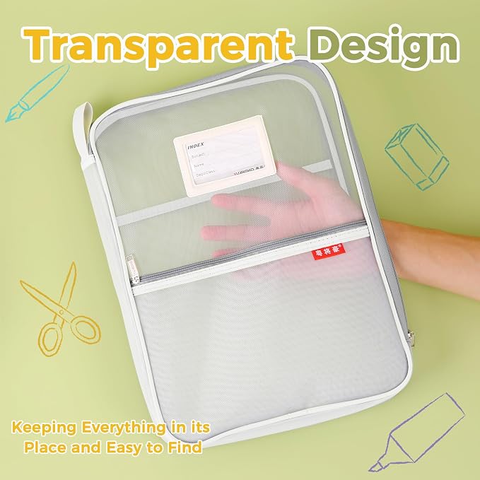 Pendancy Mesh Zipper Pouch 14.8x10.8 in Transparent Lightweight Nylon File Folders, A4 Size Multi-layer Subject Document Organizer Accessories Storage bag for Office and School Supplies(White)