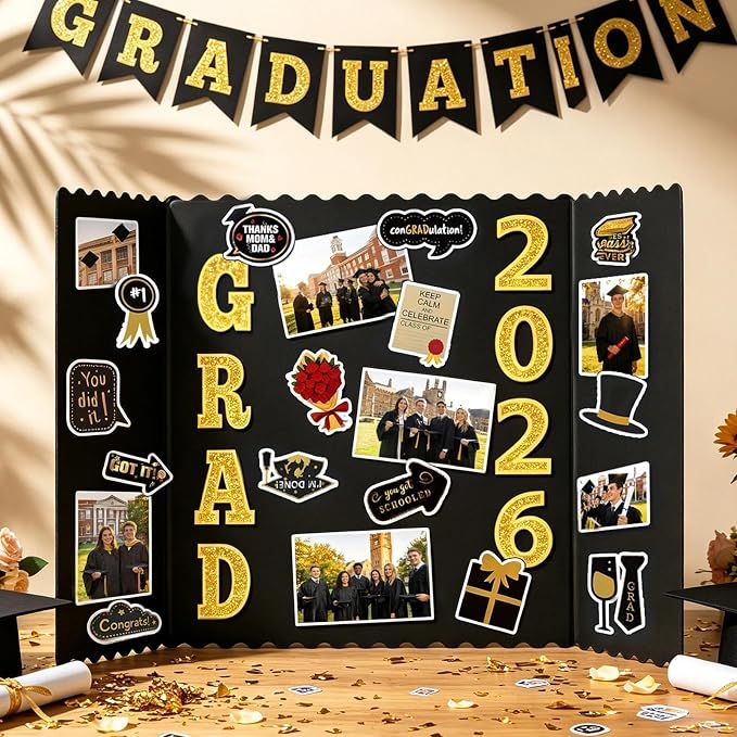 4 Set Graduation Photo Trifold Poster Board, Class of 2026 Graduation Picture Display Boards with Colorful Grad Stickers, Photo Display Board for Grad Party Multiple Pictures Table Decor, 24 x 16 Inch
