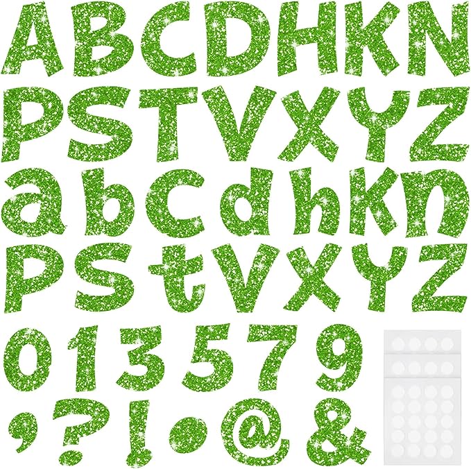 Colarr 216 Pcs Glitter Bulletin Board Letters for Classroom Number Alphabet Punctuation Symbol Cutout 4'' Die-Cut Poster Letter with Adhesive Dot School Party Holiday Decor Display(Lime Green)