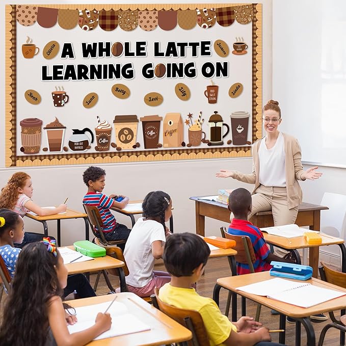 Coffee Bulletin Board Set Coffee Cup Classroom Decoration Latte Themed Paper Cutouts Positive Bulletin Board Border for Back to School Nursery Chalkboard Classroom Door Wall Decor Teacher Supplies
