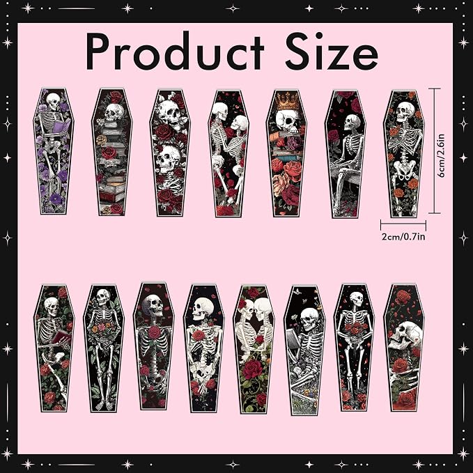 30 Pcs Gothic Skeleton Magnetic Bookmarks, Coffin-Shaped Rose and Skull Book Mark Clips for Book Lovers, Dark Romance Magnet Page Markers for Women Men, Halloween Bookish Gifts
