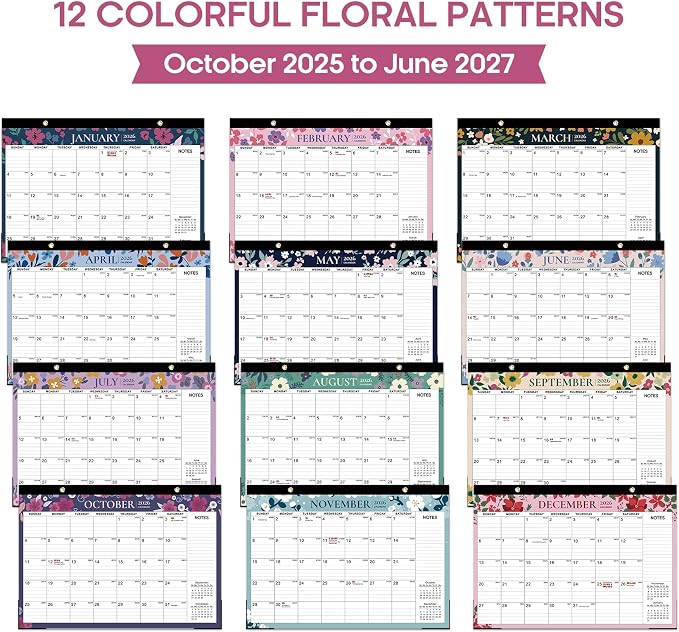 Desk Calendar 2026-2027, 21-Month Calendar Runs Unitl June 2027, Large 17" x 12" Monthly Desktop & Wall Calendar for Home & Office - Twilight Petals