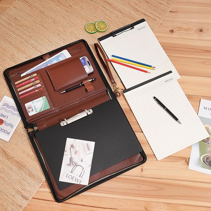 Wason A4 Portfolio with Zipper - Leather PU Padfolio with Detachable Ring Binder and Writing Notepad Holder, Conference File Multi-Pockets Organizer for Office Travel School (Coffee)