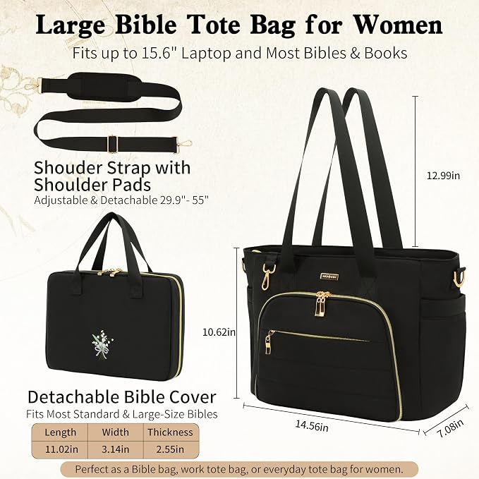 Large Bible Bag for Women, 2-in-1 Bible Tote with Detachable Embroidered Bible Cover & Study Supplies, Church Bible Study Bag, Gift-Ready Christian Gift for Women (Black)