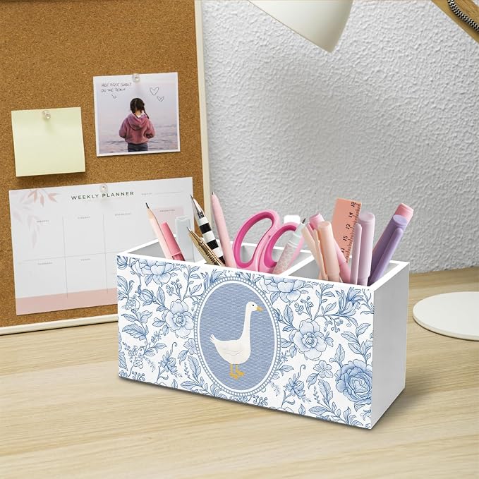 Chinoiserie Goose Flower Pen Holder for Desk, Blue and White Floral Pencil Organizer, Grandmillennial Goose Wooden Box Sign Desk Decor for Girl Nursery Home Office Decoration