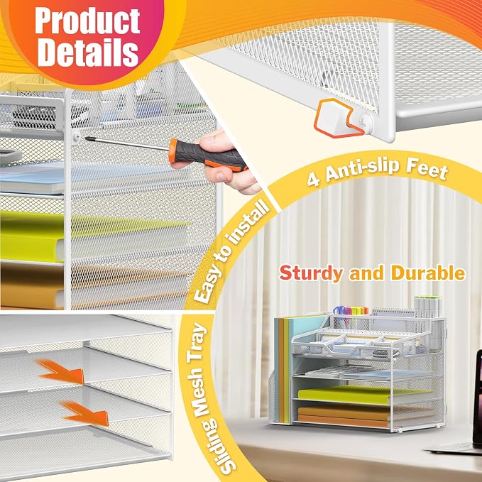 Docnest 4 Tier Mesh Desk Organizer with File Holder – Multi-Functional Paper Letter Tray with 5 Adjustable Compartments, 3 Pen Holders, Desktop Storage for Files, Mail, Stationery – White