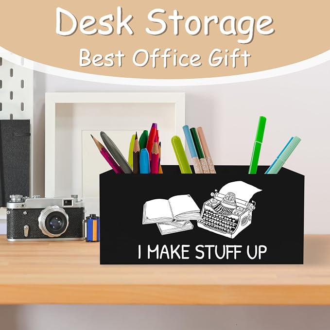 Funny Writer Pen Pencil Holder Organizer for Desk, Gifts for Writers and Authors, I Make Stuff Up Wooden Box Block Sign for Home Office Tabletop Decor