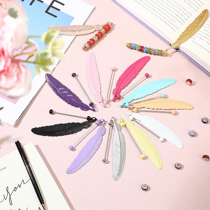Kosiz 12 Pcs Beadable Bookmark Vintage Feather Metal Bookmark Beading Bookmarks Gifts for Student Office Teacher Birthday Present
