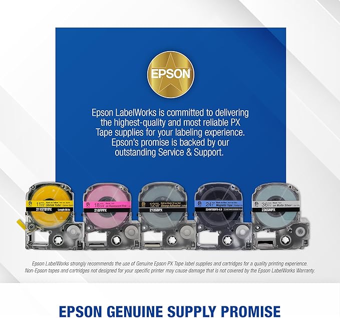 Epson LABELWORKSPX BVSL38X38PX Genuine Die Cut Bulk Self Laminating Overwrap Vinyl Tape - Black on White Flexible and Durable Industrial Label Maker Tape - 1.5" x 1.5" Wide, 1000 Labels per Roll