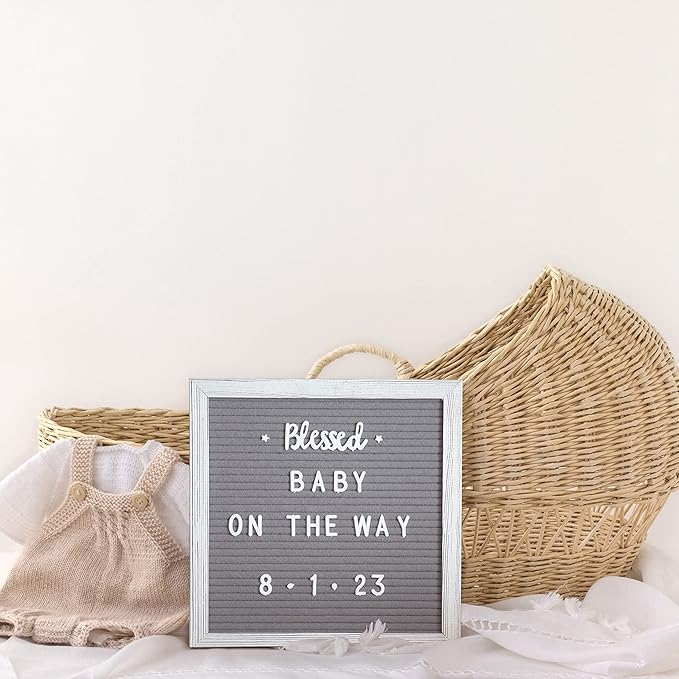 HBCY Creations 10"x10" Felt Letter Board - Solid Wood Frame - White Wash - Gray Felt - 389 PP Letters Including Numbers, Symbols, Icons - Canvas Carrying Case