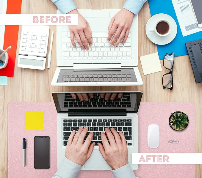 FTC PU Leather Desk Pad & Desk Blotter, Non-Slip Flannelette Base, Stitched Desk Mat for Keyboard, Mouse & Writing, Home or Office (Pink, 31.5” x 15.75”)