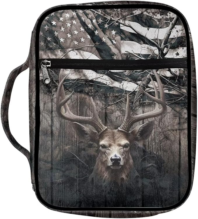Suobstales Deer Print Bible Cover Bible Case for Women Men American Flag Design Lightweight Carrying Book Cover Church Bag Bible Protective Bag with Handle and Zippered Pocket