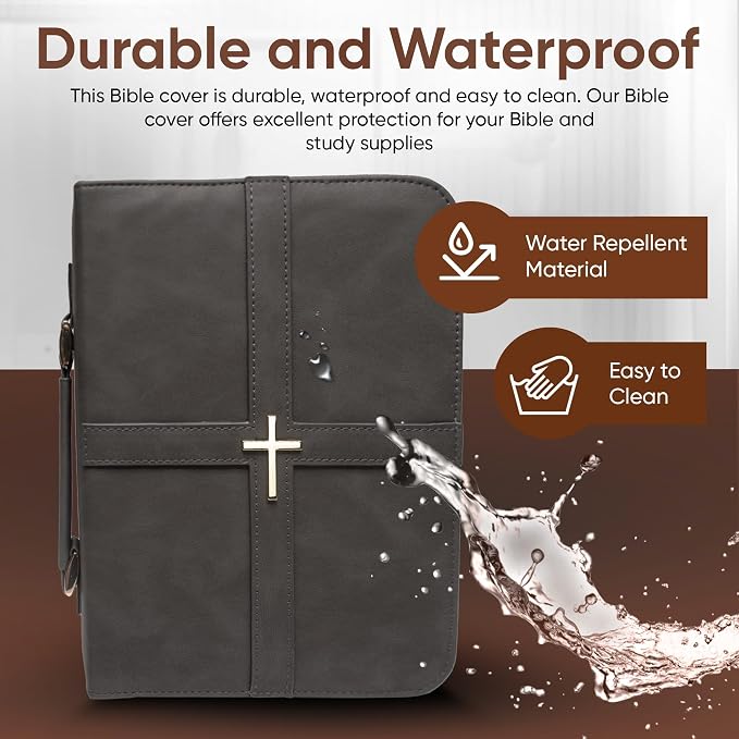 Bible Cover (U.S. Patent Pending), Discreet & Elegant Bible Case, Gray PU Leather Bible Cover, Cross Design Bible Bags, Strong and Sturdy Book Case, Includes Premium Bookmark