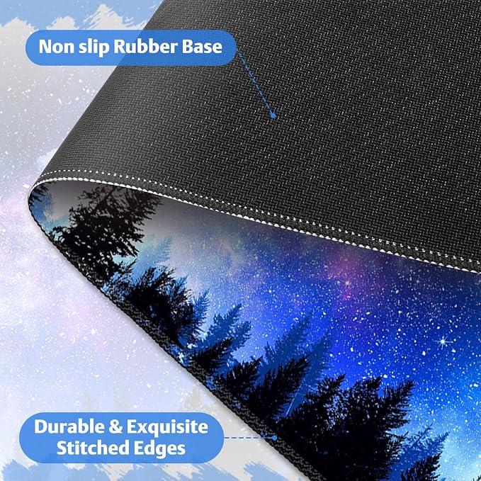 Mouse Pad, Cute Cool XXL Large Desk Mat for Desk Cover, Anti-Slip Big Mousepad with Stitched Edges, Keyboard Mat for Computer Desktop Table Protector I Galaxy Moon Pines