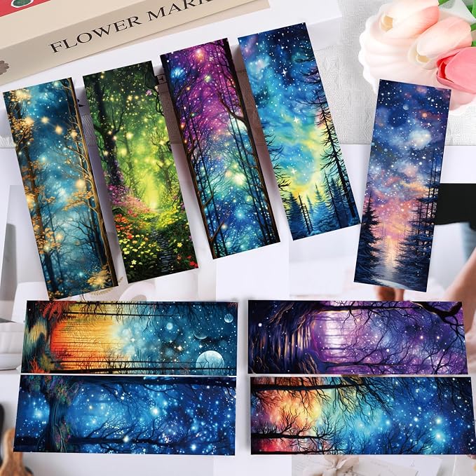 Wxiben Fantasy Forest Transparent Bookmark - 10 Pcs Starry Night Sky Transparent PVC Bookmark Moon Space Book Mark Page Clips Gifts for Women Men Book Lovers Teacher Bookish Reading Accessories