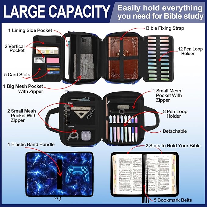 Kids Bible Cover Game Bible Case for Boys Large Carrying Book Case Church Bag Bible Protective with Handle and Zippered Pocket Study Supplies Accessories Men Christian Gifts,Lightning Game