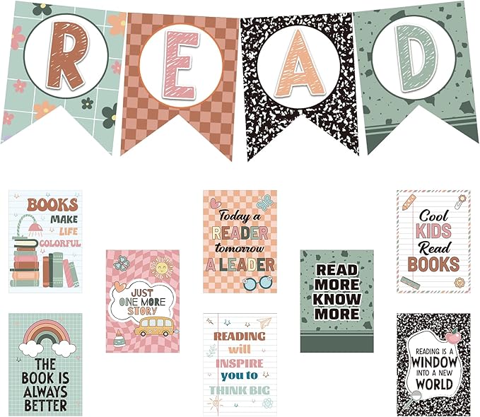 Reading Classroom Decorations Library Posters Bulletin Board Sets for Elementary Classroom Pennants Decor for Back to School Nursery Library Teacher Supplies (Classic Colors)