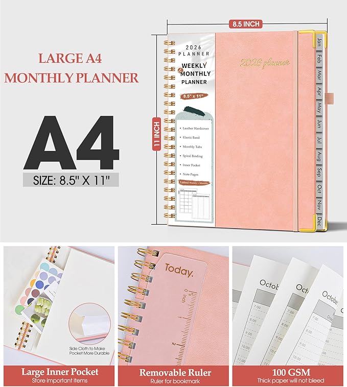 2026 Planner, Weekly and Monthly Calendar Planner from January 2026 - December 2026, 8.5" x 11" Hardcover Leather Hourly Appointment Book with Tabs, Spiral Daily Planners for College School Work Home, Pink