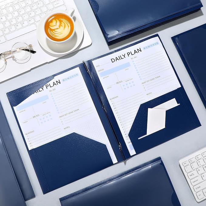 Tenceur 48 Pack Plastic Folders with 3 Prongs Bulk Heavy Duty Folders with Clear Front Pockets and Card Slots with Fasteners Fit Letter-Size Papers for Work School Office (Navy Blue)