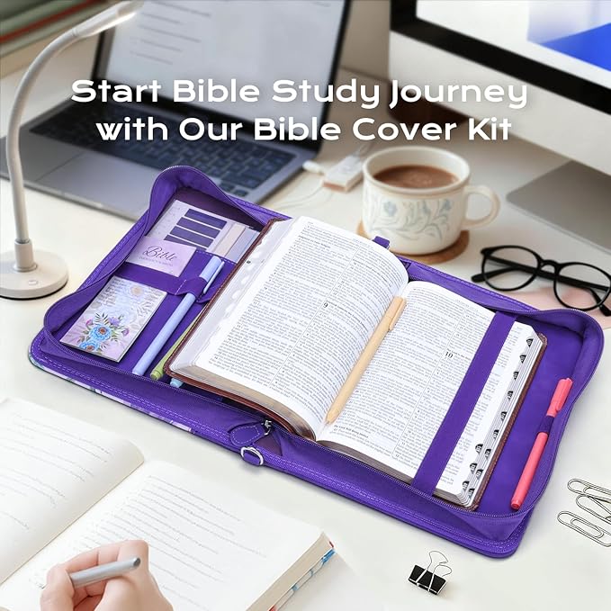 XKDOUS Purple Bible Cover for Women, Leather Bible Bags Set with Study Supplies, Tabs, Pens, Bookmarks, Large Book Carrying Case Carrier Tote Bag Christmas Gifts for Lady