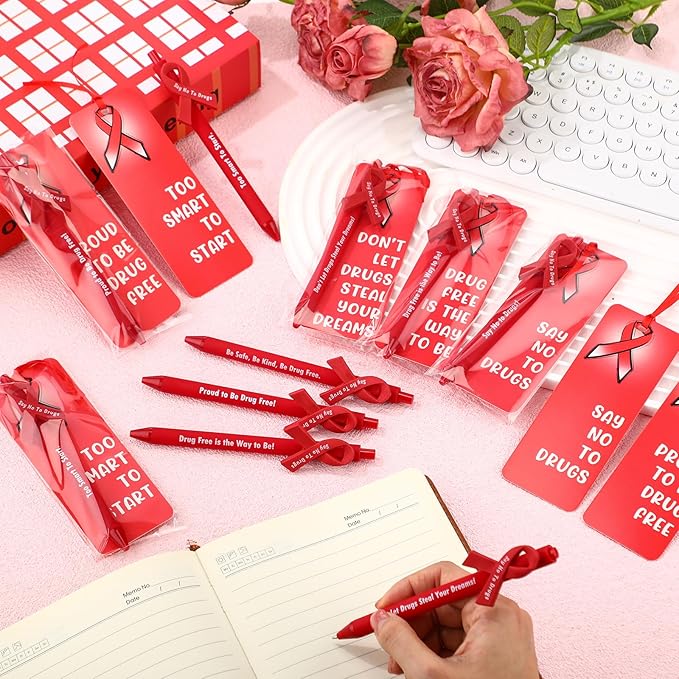Eersida 48 Sets Red Ribbon Week Gift Supplies Say No to Drug Awareness Pens with Drug Free Bookmark Inspirational Red Ribbon Awareness Gift for Student School Charity Events Party Supplies