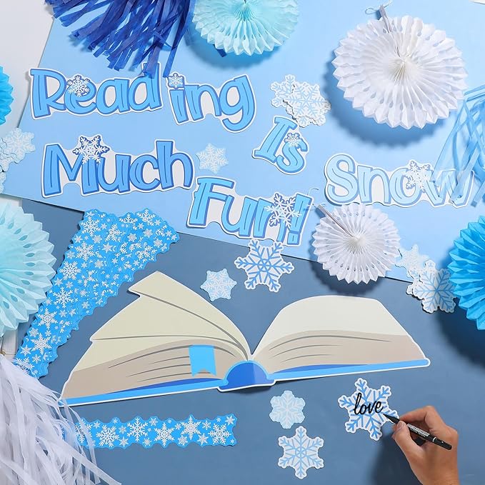 Frienda 99 Pieces 3D Snowflake Bulletin Board Decorations with Paper Fan Tassels Winter Reading is Snow Much Fun Snowflake Cutouts Classroom Decor for Winter Christmas School Party Supplies Home
