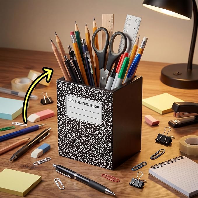 MALLMALL6 Wooden Pencil Holder - Back To School Pen Desk Organization, Notebook Shape Desktop Caddy Case for Teacher Student, Keep Your Desk Tidy for Classroom Office Home Dorm