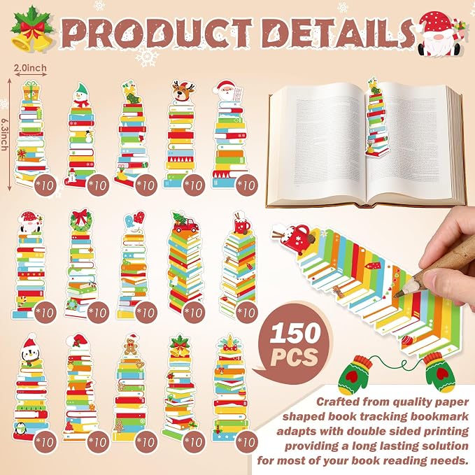 Kolldenn 150 Pcs Book Tracker Bookmarks Bulk 6.3 x 1.97 Inch Bookshelf Love to Read Bookmarks Paper Tracking Double Sided Reading Page Markers for Back to School Reading Lover(Classic Christmas)