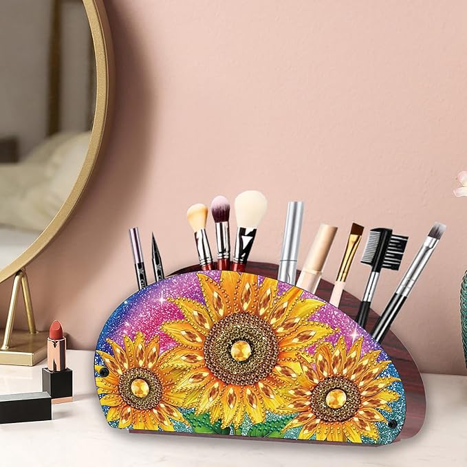 Remote Control Holder with 4 Compartments, DIY Diamond Art Painting Wooden Half Moon TV Control Holder for Remote Controllers, Office Supplies, Makeup Brush, Media Accessories-Sunflowers