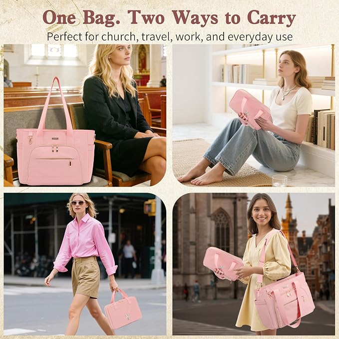 Large Bible Bag for Women, 2-in-1 Bible Tote with Detachable Embroidered Bible Cover & Study Supplies, Church Bible Study Bag, Gift-Ready Christian Gift for Women (Pink)
