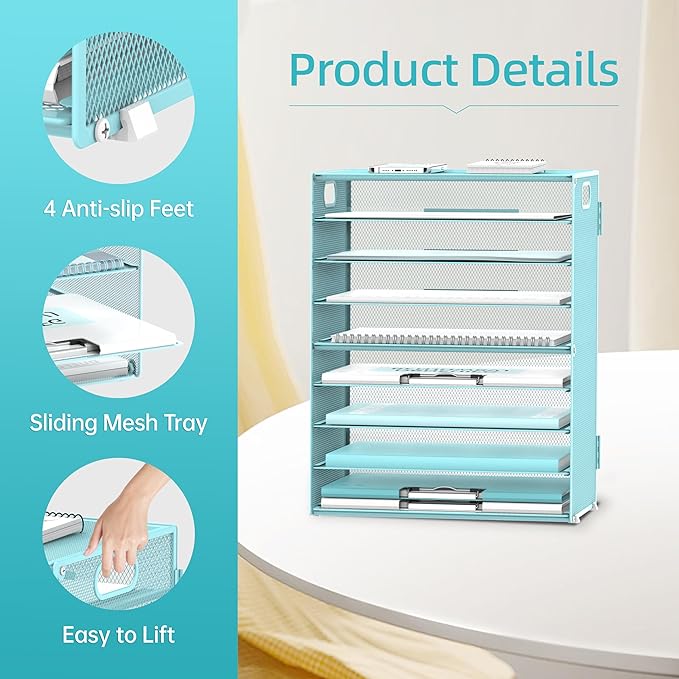 DALTACK 9-Tier Paper Organizer for Desk, Mesh Letter Tray Desk Organizer with Handles, Space-Saving File Organizer for Office Home School, Blue
