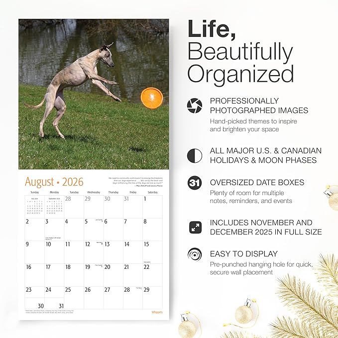 RED EMBER Whippets 2026 Wall Calendar 12 Month | 12" x 24" Open | Thick & Sturdy Paper | Giftable | Cute Puppy Dog Calendar 2026
