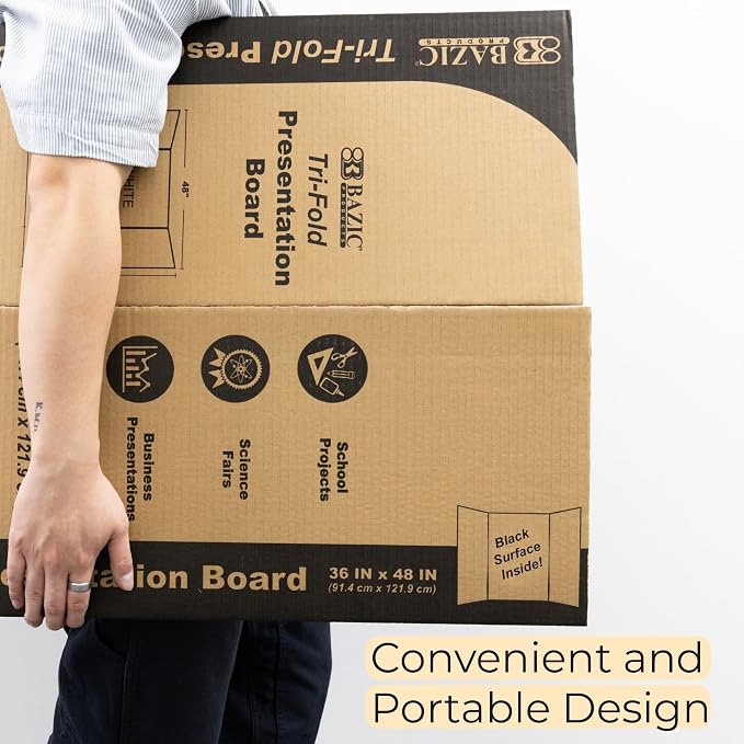 BAZIC Products Black Tri-Fold Presentation Board, 36 x 48 in, Corrugated, for Science Fair Displays, Case of 24