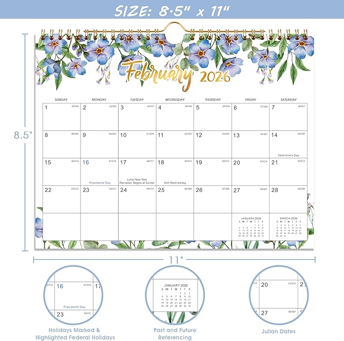 2026 Wall Calendar - Jan 2026 - Dec 2026, 2026 Calendar, 12 Month Hanging Wall Calendar 2026, 11" x 8.5", Sturdy Spiral Binding, Julian Dates, Large Block, Thick Paper, Perfect for Organizing
