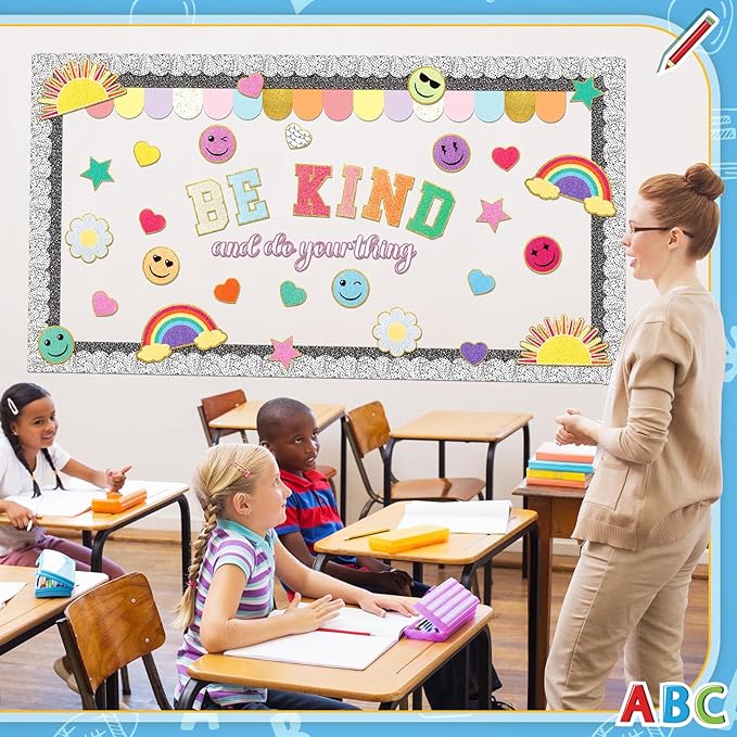 Mooliwe 93 Pcs Composition Notebook Classroom Decor Pastel Be Kind Bulletin Board Set Smile Face Back to School Border Decoration for School Party First Day of Class