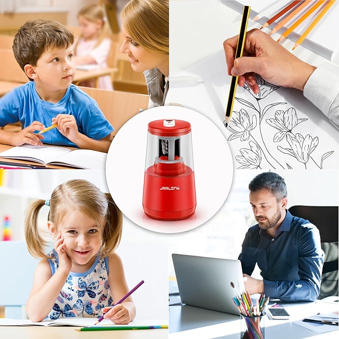 JARLINK Electric Pencil Sharpener, Heavy-Duty Helical Blade to Fast Sharpen, Auto Stop for No.2/Colored Pencils(6-8mm), AC Adapter/Battery Operated in School Classroom/Office/Home (Red)