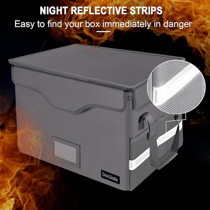 DocSafe Fireproof Document Box with Lock,File Storage Organizer with Zipper Pockets,Collapsible Portable File Box Home Office Safe Filing Cabinet with Handle for Hanging Letter/Legal Folder,Silver
